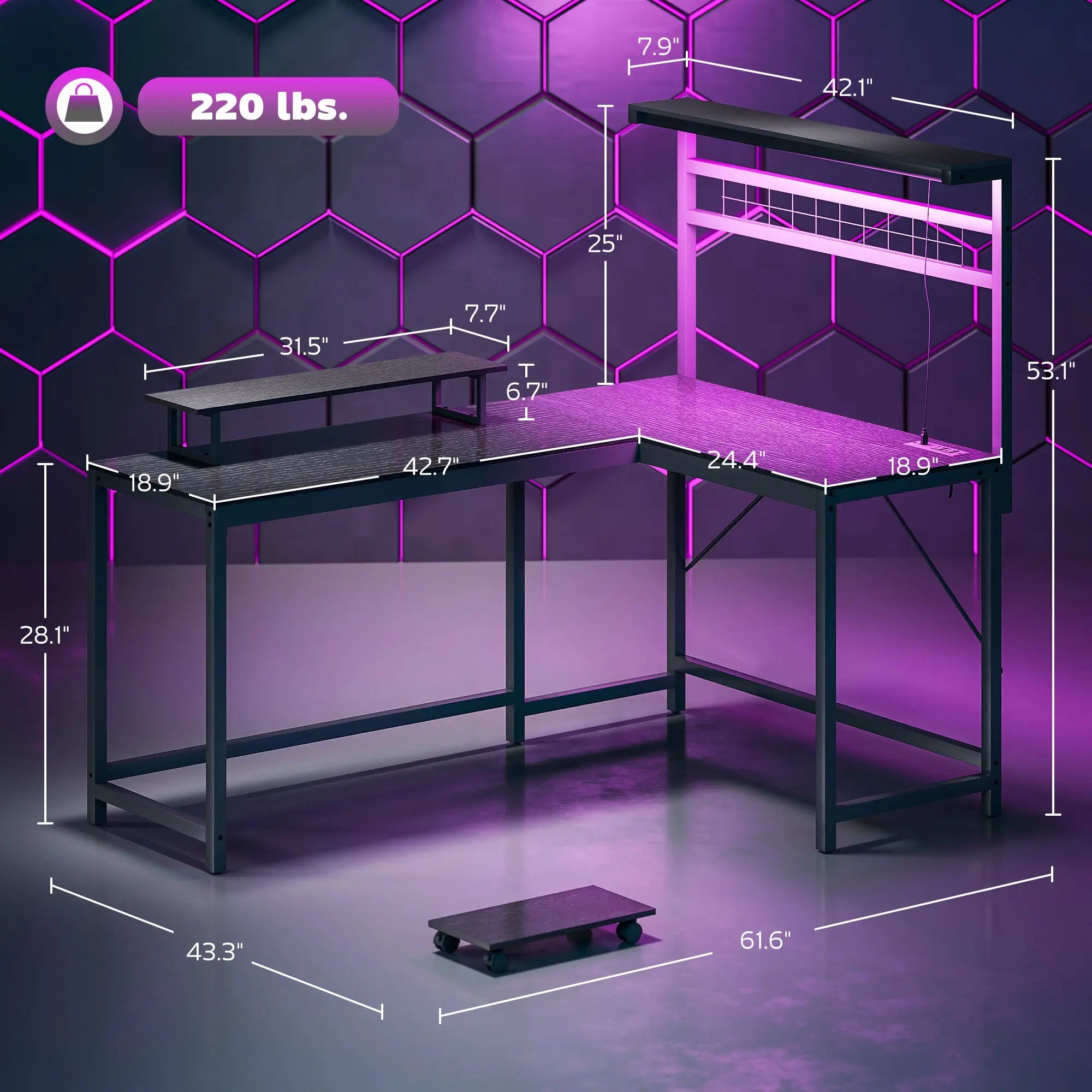 61.6"L-Shaped Gaming Desk – LED & Power Setup (Black) Clovibe