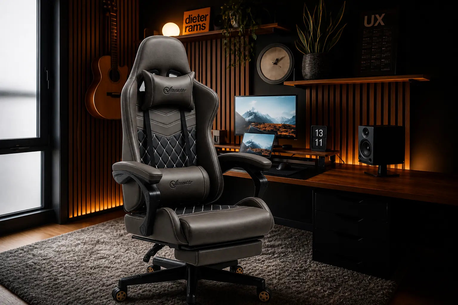 Gaming Chair with Footrest – PU Leather, Adjustable & Reclining (Brown) Clovibe
