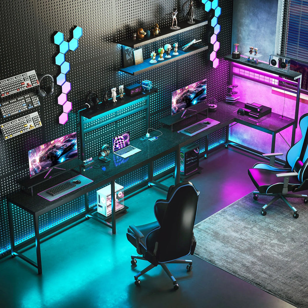 61.6"L-Shaped Gaming Desk – LED & Power Setup (Black) Clovibe