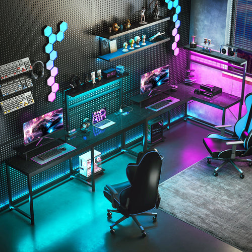 61.6"L-Shaped Gaming Desk – LED & Power Setup (Black)