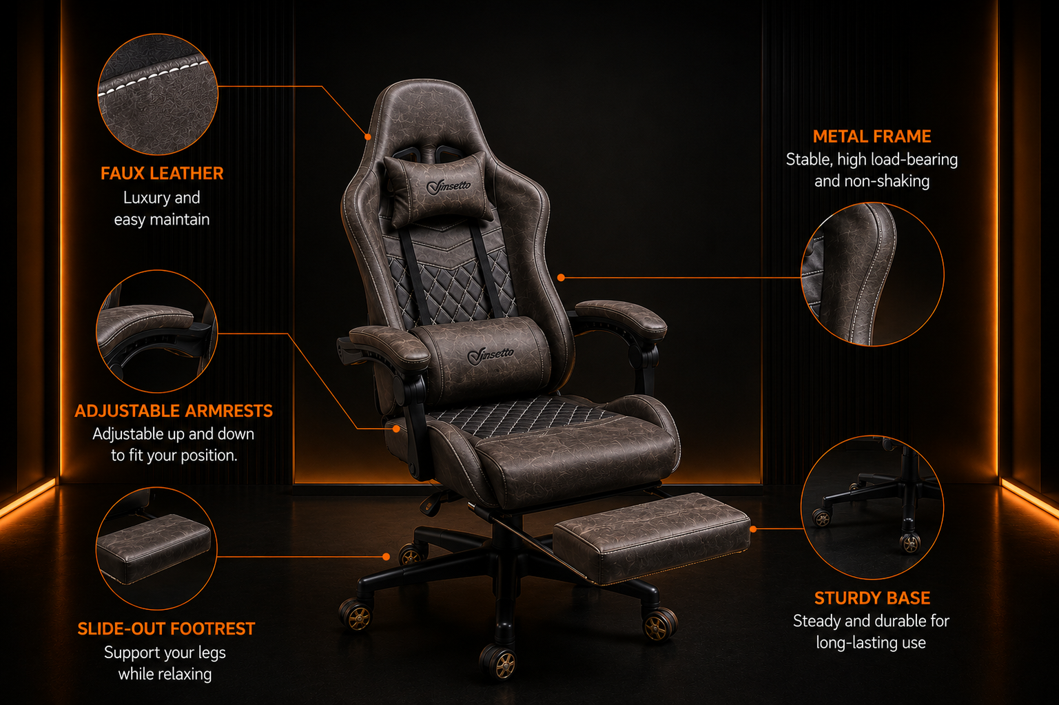 Gaming Chair with Footrest – PU Leather, Adjustable & Reclining (Brown)