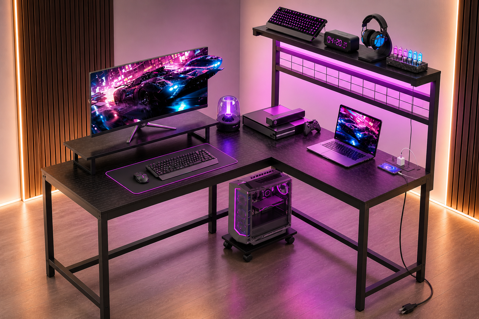 61.6"L-Shaped Gaming Desk – LED & Power Setup (Black)