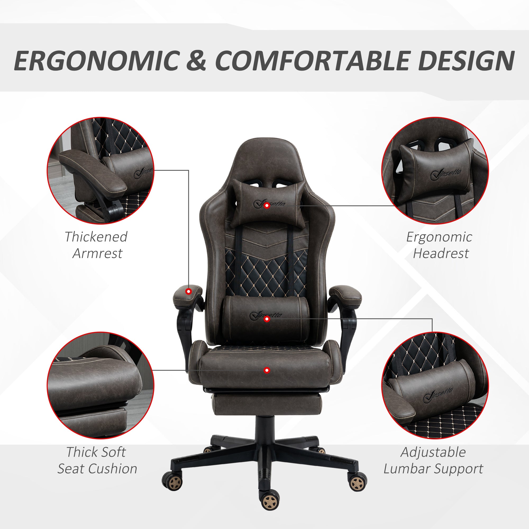Gaming Chair with Footrest – PU Leather, Adjustable & Reclining (Brown)