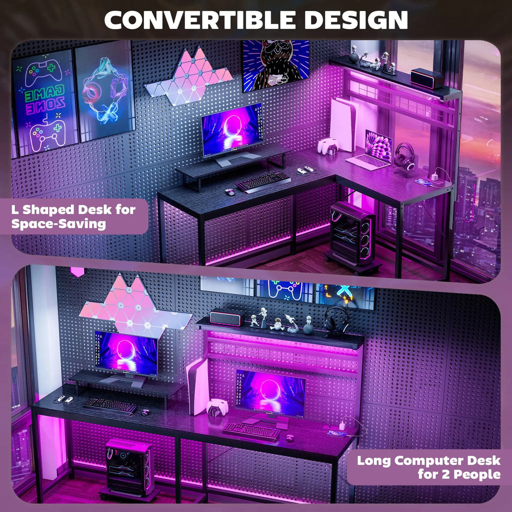 61.6"L-Shaped Gaming Desk – LED & Power Setup (Black) Clovibe