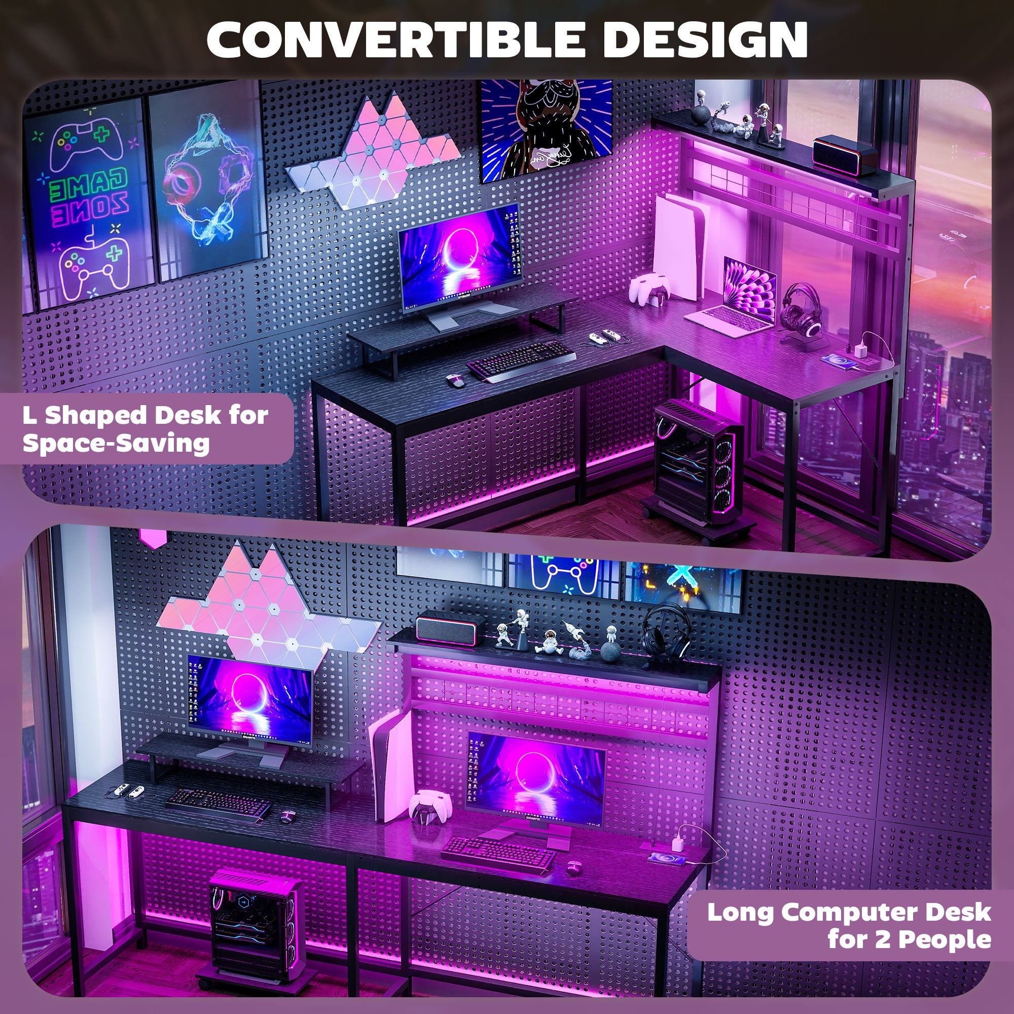 61.6"L-Shaped Gaming Desk – LED & Power Setup (Black)